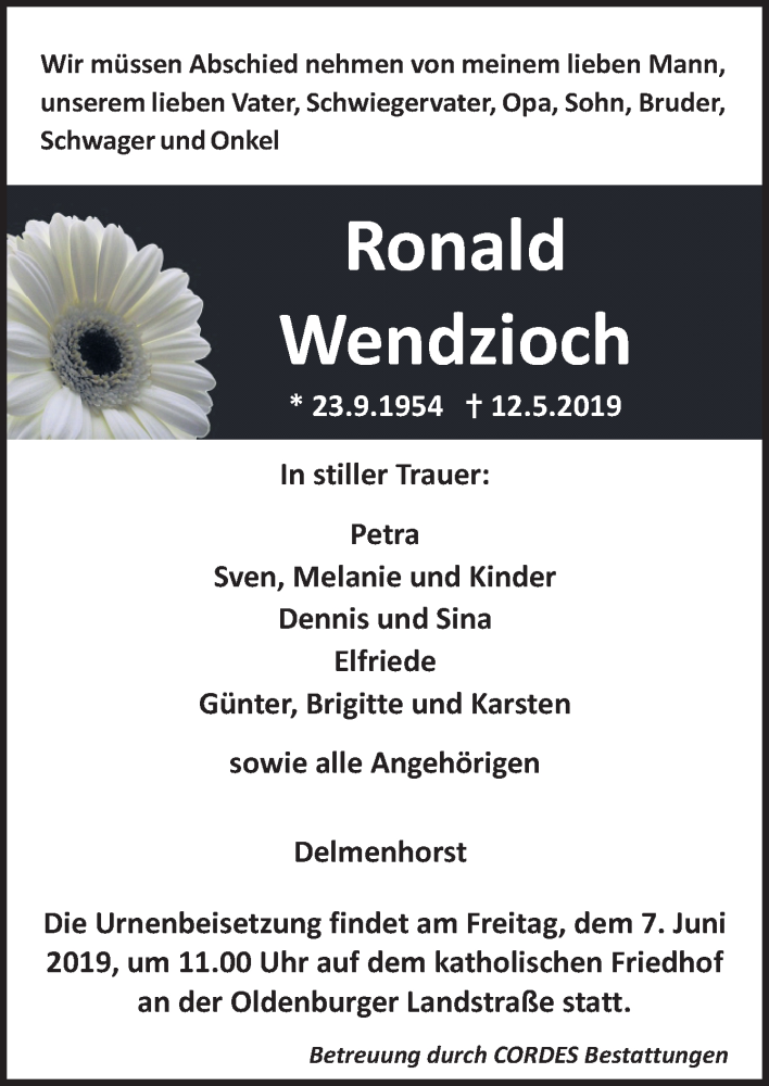  Traueranzeige für Ronald Wendzioch vom 01.06.2019 aus Neue Osnabrücker Zeitung GmbH & Co. KG