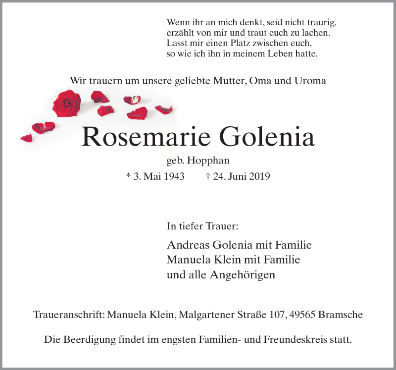  Traueranzeige für Rosemarie Golenia vom 29.06.2019 aus Neue Osnabrücker Zeitung GmbH & Co. KG
