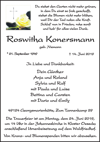 Traueranzeige von Roswitha Konersmann von Neue Osnabrücker Zeitung GmbH & Co. KG