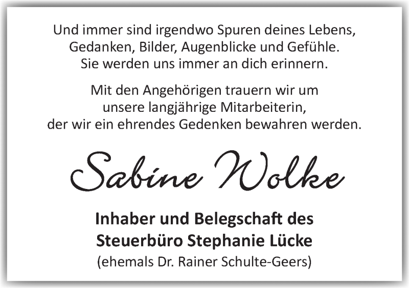  Traueranzeige für Sabine Wolke vom 26.06.2019 aus Neue Osnabrücker Zeitung GmbH & Co. KG