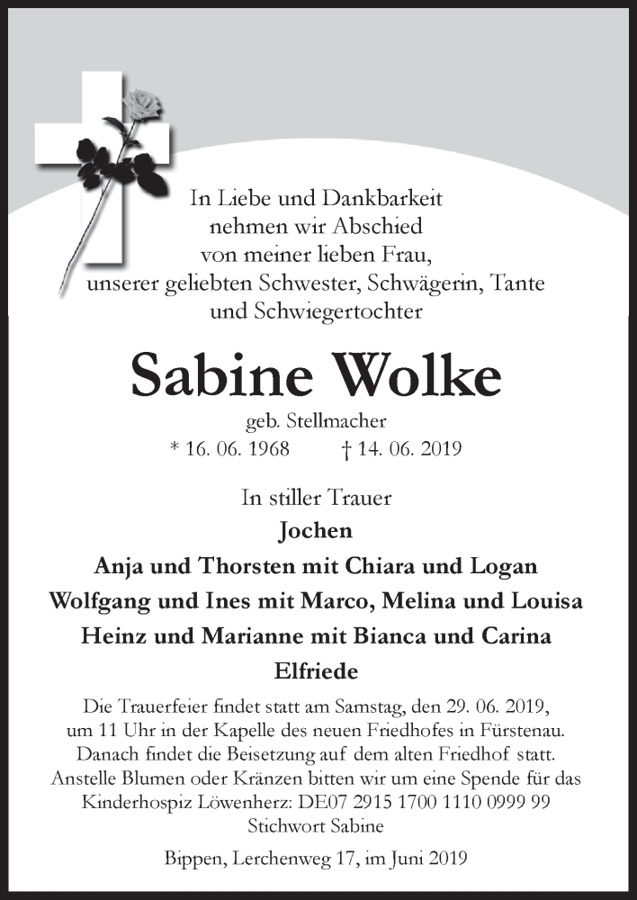  Traueranzeige für Sabine Wolke vom 22.06.2019 aus Neue Osnabrücker Zeitung GmbH & Co. KG