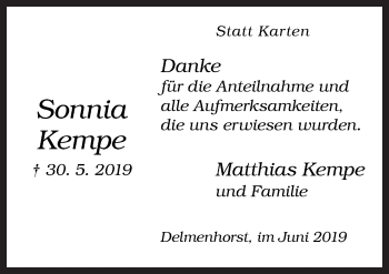 Traueranzeige von Sonnia Kempe von Neue Osnabrücker Zeitung GmbH & Co. KG