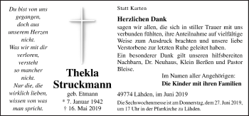 Traueranzeige von Thekla Struckmann von Neue Osnabrücker Zeitung GmbH & Co. KG