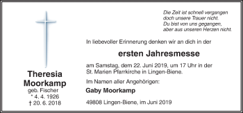 Traueranzeige von Theresia Moorkamp von Neue Osnabrücker Zeitung GmbH & Co. KG