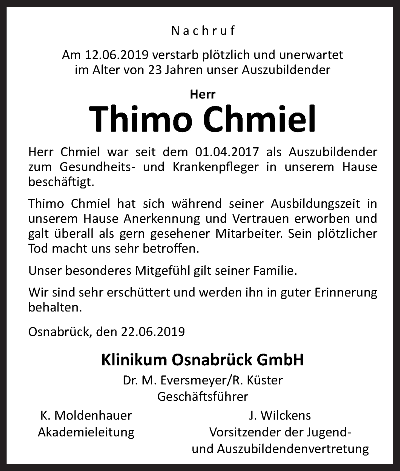  Traueranzeige für Thimo Chmiel vom 22.06.2019 aus Neue Osnabrücker Zeitung GmbH & Co. KG