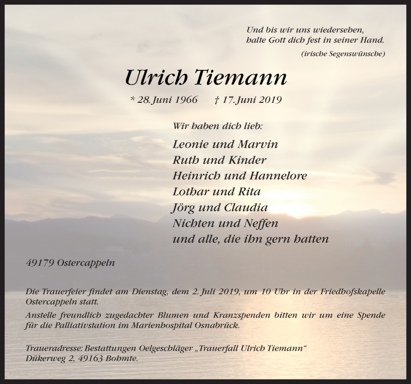  Traueranzeige für Ulrich Tiemann vom 27.06.2019 aus Neue Osnabrücker Zeitung GmbH & Co. KG