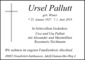 Traueranzeige von Ursel Pallutt von Neue Osnabrücker Zeitung GmbH & Co. KG