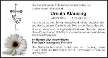 Traueranzeige von Ursula Klausing von Neue Osnabrücker Zeitung GmbH & Co. KG