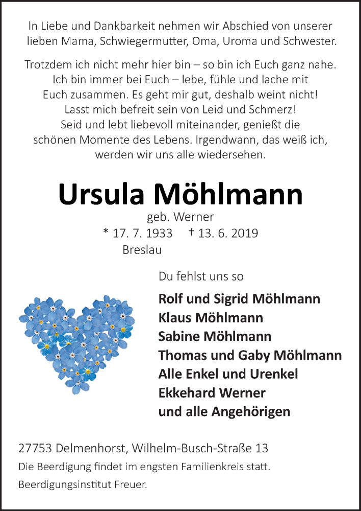  Traueranzeige für Ursula Möhlmann vom 19.06.2019 aus Neue Osnabrücker Zeitung GmbH & Co. KG