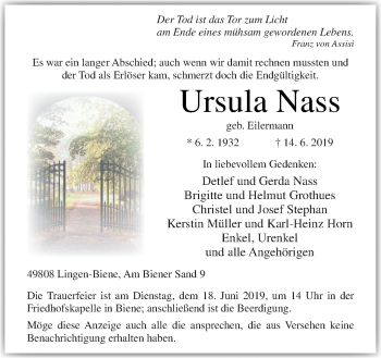 Traueranzeige von Ursula Nass von Neue Osnabrücker Zeitung GmbH & Co. KG