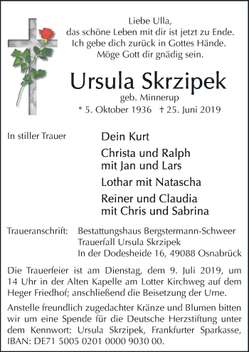 Traueranzeige von Ursula Skrzipek von Neue Osnabrücker Zeitung GmbH & Co. KG