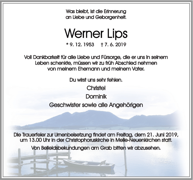  Traueranzeige für Werner Lips vom 15.06.2019 aus Neue Osnabrücker Zeitung GmbH & Co. KG