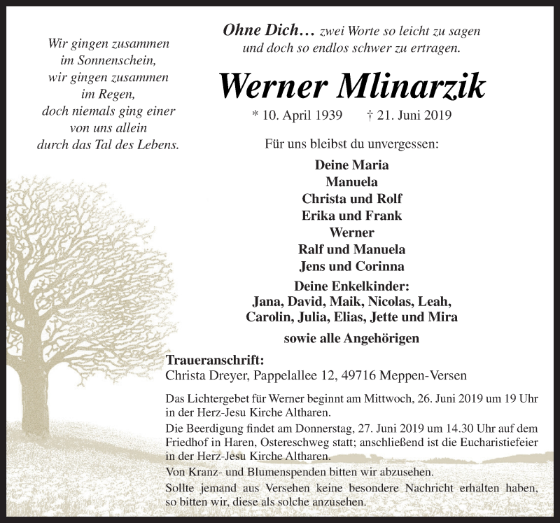  Traueranzeige für Werner Mlinarzik vom 24.06.2019 aus Neue Osnabrücker Zeitung GmbH & Co. KG