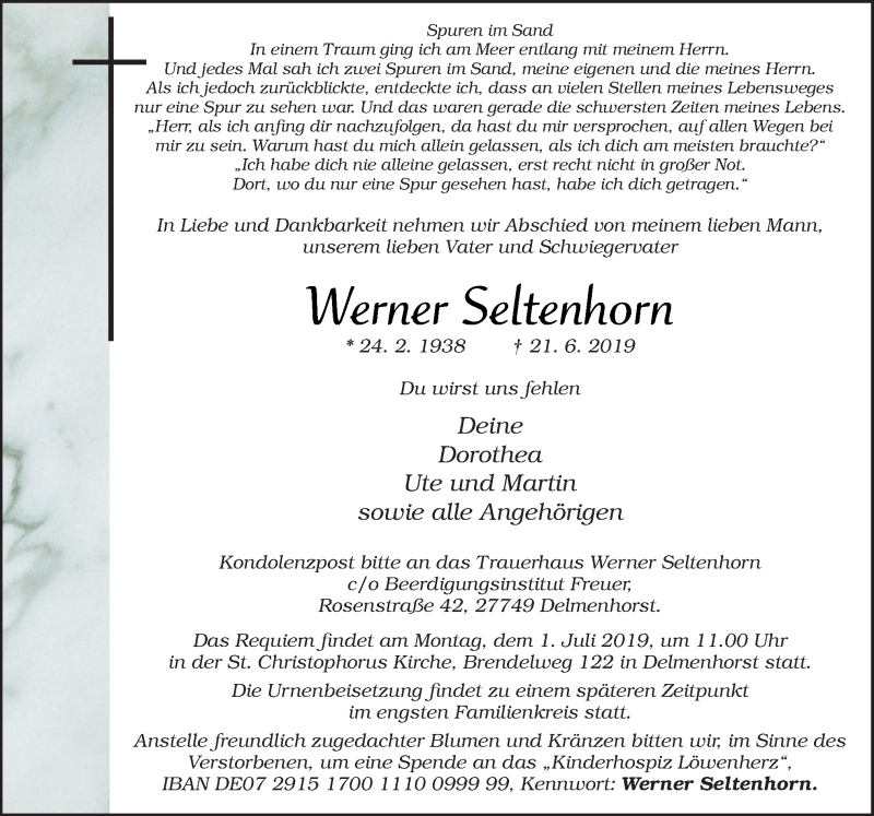  Traueranzeige für Werner Seltenhorn vom 25.06.2019 aus Neue Osnabrücker Zeitung GmbH & Co. KG
