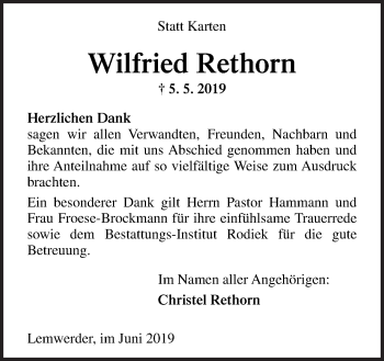 Traueranzeige von Wilfried Rethorn von Neue Osnabrücker Zeitung GmbH & Co. KG