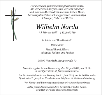 Traueranzeige von Wilhelm Norda von Neue Osnabrücker Zeitung GmbH & Co. KG