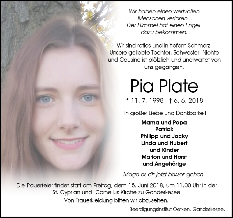  Traueranzeige für Pia Plate vom 12.06.2018 aus Neue Osnabrücker Zeitung GmbH & Co. KG