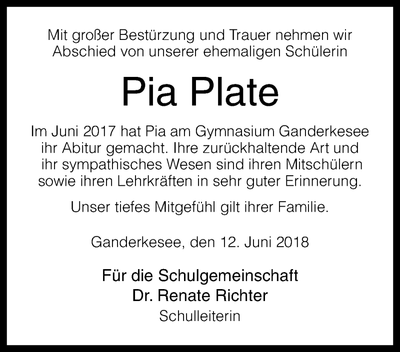  Traueranzeige für Pia Plate vom 14.06.2018 aus Neue Osnabrücker Zeitung GmbH & Co. KG
