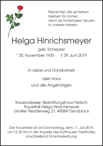 Traueranzeige von Helga Hinrichsmeyer von Neue Osnabrücker Zeitung GmbH & Co. KG