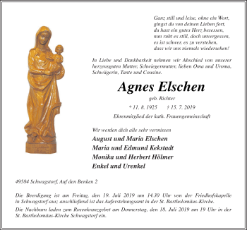 Traueranzeige von Agnes Elschen von Neue Osnabrücker Zeitung GmbH & Co. KG