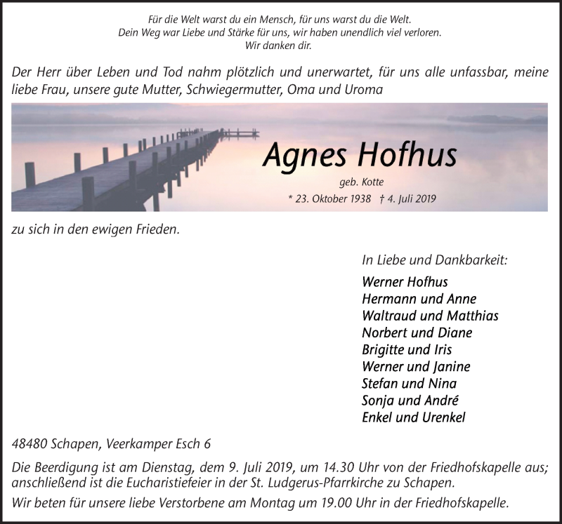  Traueranzeige für Agnes Hofhus vom 06.07.2019 aus Neue Osnabrücker Zeitung GmbH & Co. KG