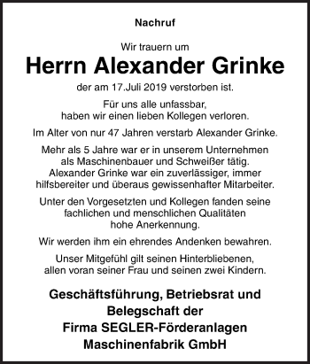 Traueranzeige von Alexander Grinke von Neue Osnabrücker Zeitung GmbH & Co. KG