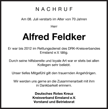 Traueranzeige von Alfred Feldker von Neue Osnabrücker Zeitung GmbH & Co. KG