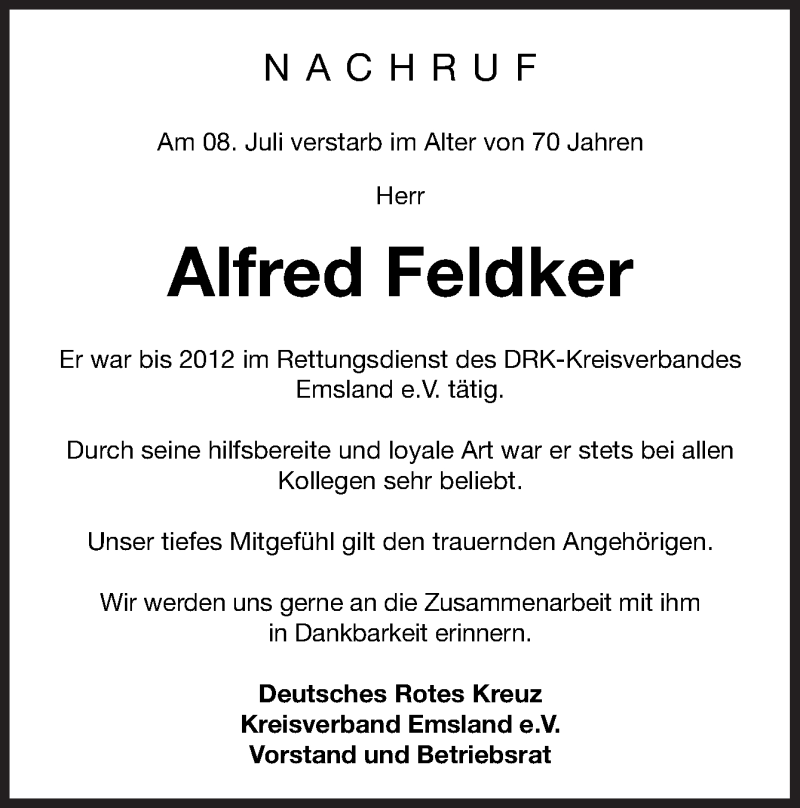  Traueranzeige für Alfred Feldker vom 18.07.2019 aus Neue Osnabrücker Zeitung GmbH & Co. KG