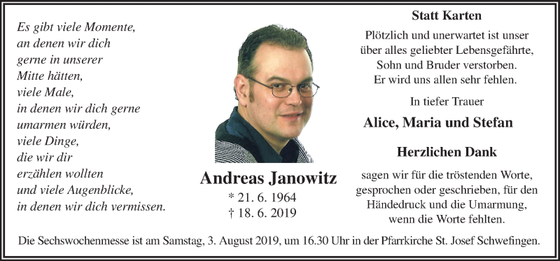  Traueranzeige für Andreas Janowitz vom 24.07.2019 aus Neue Osnabrücker Zeitung GmbH & Co. KG