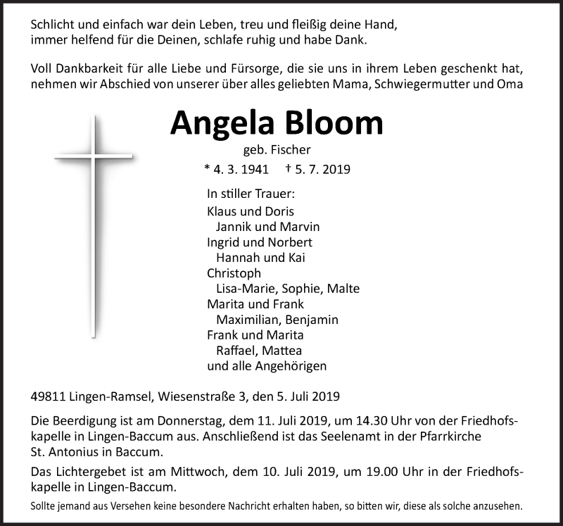 Traueranzeige für Angela Bloom vom 08.07.2019 aus Neue Osnabrücker Zeitung GmbH & Co. KG