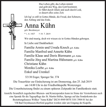 Traueranzeige von Anna Kühn von Neue Osnabrücker Zeitung GmbH & Co. KG