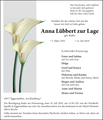 Traueranzeige von Anna Lübbert zur Lage von Neue Osnabrücker Zeitung GmbH & Co. KG