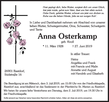 Traueranzeige von Anna Osterkamp von Neue Osnabrücker Zeitung GmbH & Co. KG