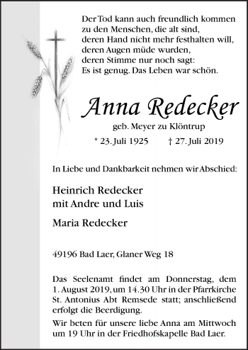 Traueranzeige von Anna Redecker von Neue Osnabrücker Zeitung GmbH & Co. KG