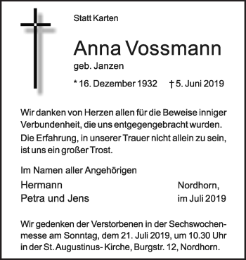 Traueranzeige von Anna Vossmann von Neue Osnabrücker Zeitung GmbH & Co. KG