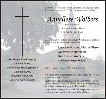 Traueranzeige von Anneliese Wolbers von Neue Osnabrücker Zeitung GmbH & Co. KG