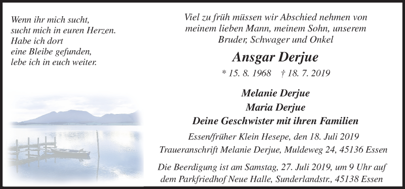  Traueranzeige für Ansgar Derjue vom 22.07.2019 aus Neue Osnabrücker Zeitung GmbH & Co. KG