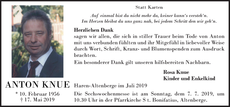  Traueranzeige für Anton Knue vom 04.07.2019 aus Neue Osnabrücker Zeitung GmbH & Co. KG