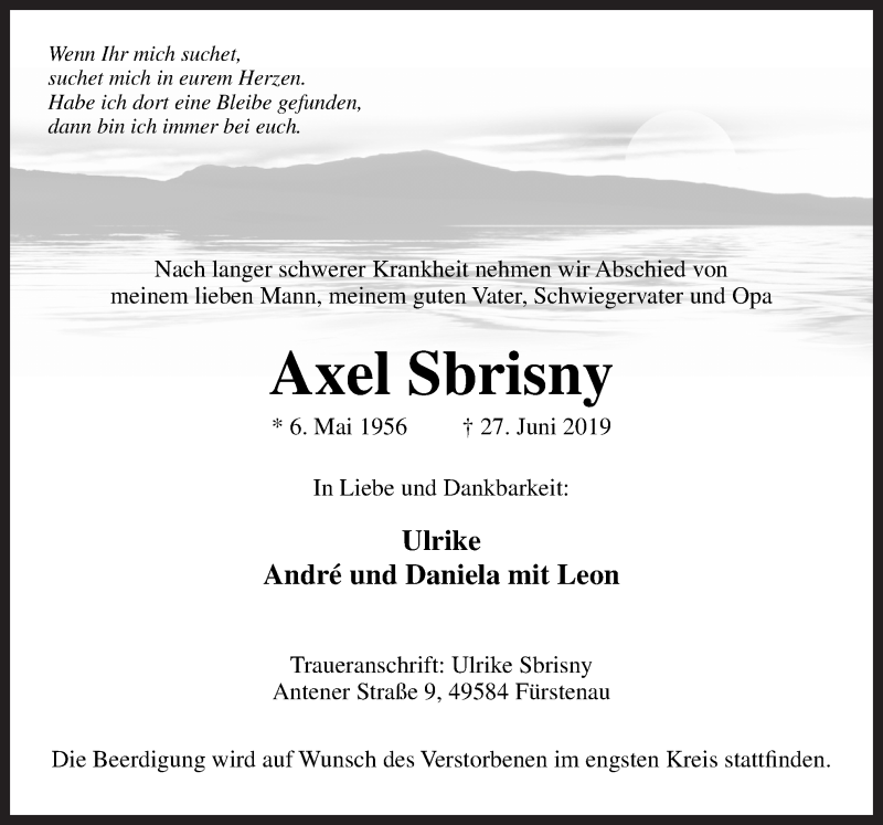  Traueranzeige für Axel Sbrisny vom 03.07.2019 aus Neue Osnabrücker Zeitung GmbH & Co. KG