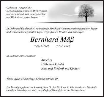 Traueranzeige von Bernhard Mäß von Neue Osnabrücker Zeitung GmbH & Co. KG