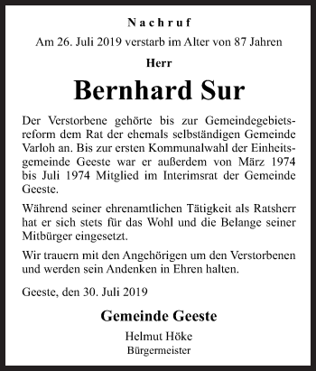 Traueranzeige von Bernhard Sur von Neue Osnabrücker Zeitung GmbH & Co. KG
