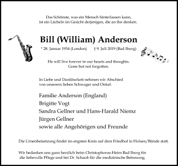 Traueranzeige von Bill William Anderson von Neue Osnabrücker Zeitung GmbH & Co. KG