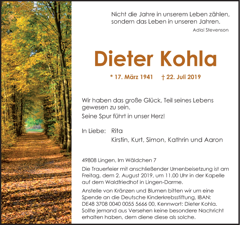  Traueranzeige für Dieter Kohla vom 27.07.2019 aus Neue Osnabrücker Zeitung GmbH & Co. KG