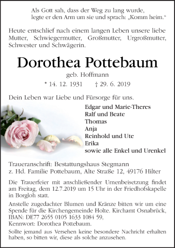 Traueranzeige von Dorothea Pottebaum von Neue Osnabrücker Zeitung GmbH & Co. KG