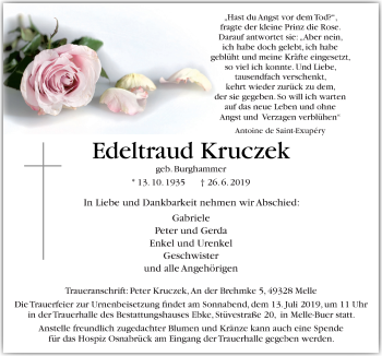 Traueranzeige von Edeltraud Kruczek von Neue Osnabrücker Zeitung GmbH & Co. KG