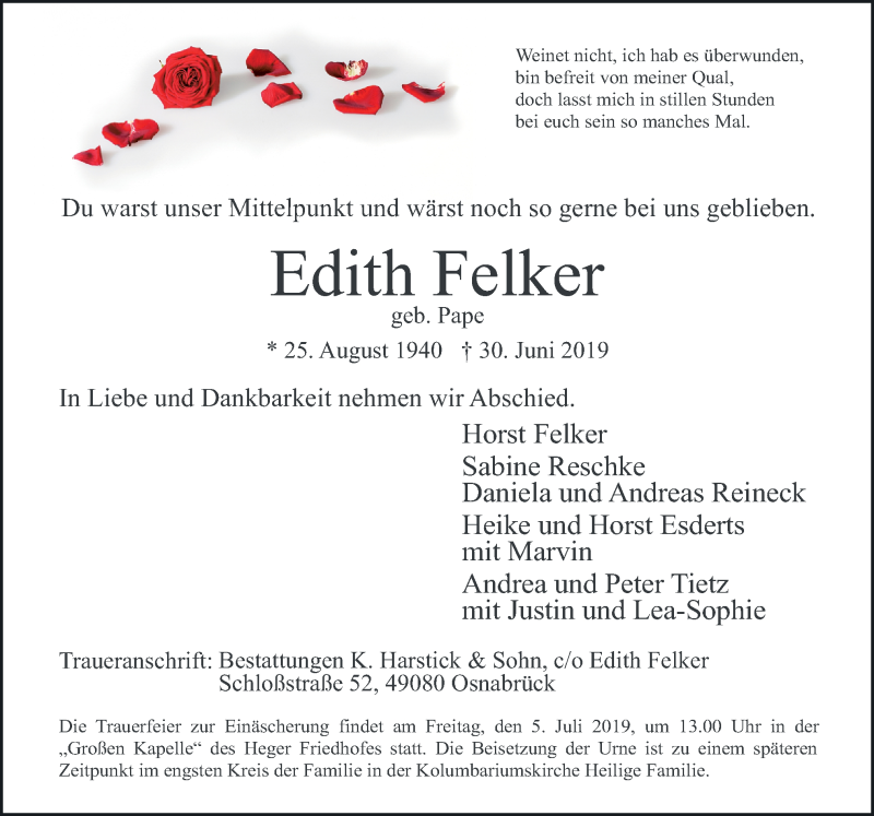  Traueranzeige für Edith Felker vom 03.07.2019 aus Neue Osnabrücker Zeitung GmbH & Co. KG