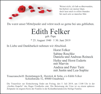 Traueranzeige von Edith Felker von Neue Osnabrücker Zeitung GmbH & Co. KG