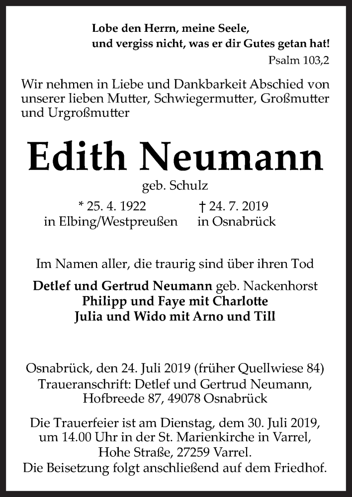  Traueranzeige für Edith Neumann vom 27.07.2019 aus Neue Osnabrücker Zeitung GmbH & Co. KG