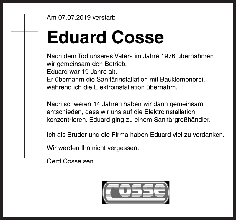  Traueranzeige für Eduard Cosse vom 09.07.2019 aus Neue Osnabrücker Zeitung GmbH & Co. KG