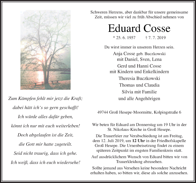  Traueranzeige für Eduard Cosse vom 09.07.2019 aus Neue Osnabrücker Zeitung GmbH & Co. KG